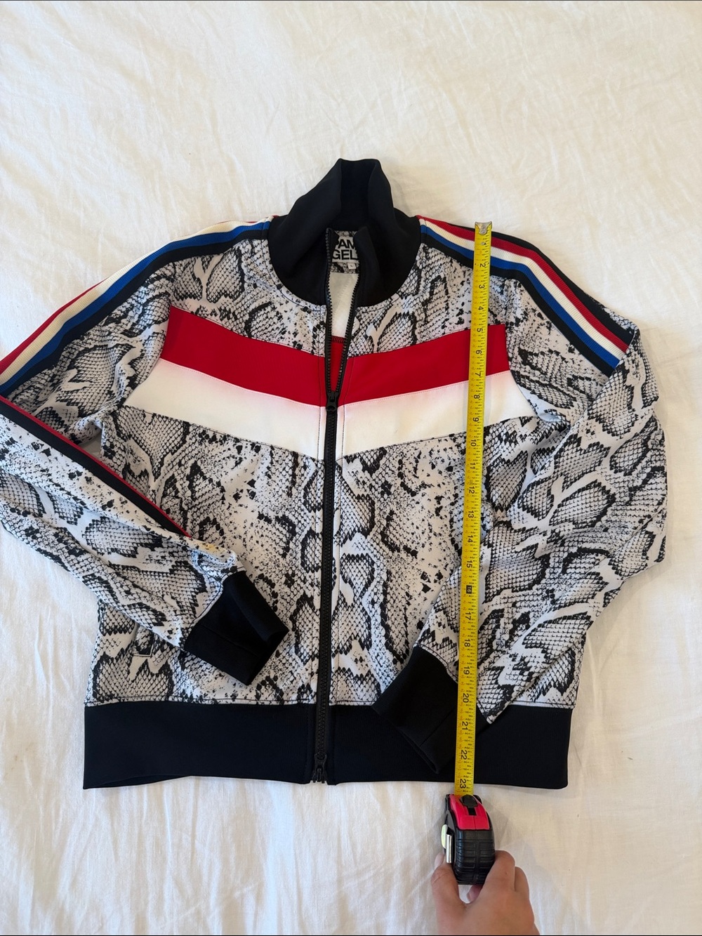 Pam & Gela Black and White Snake-Print Bomber Jacket with Red & Blue Stripes